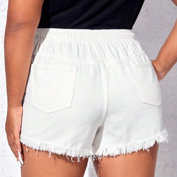 SHEIN EZwear Plus Drawstring Waist Ripped Raw Cut Denim Shorts - Picture 2 of 8
